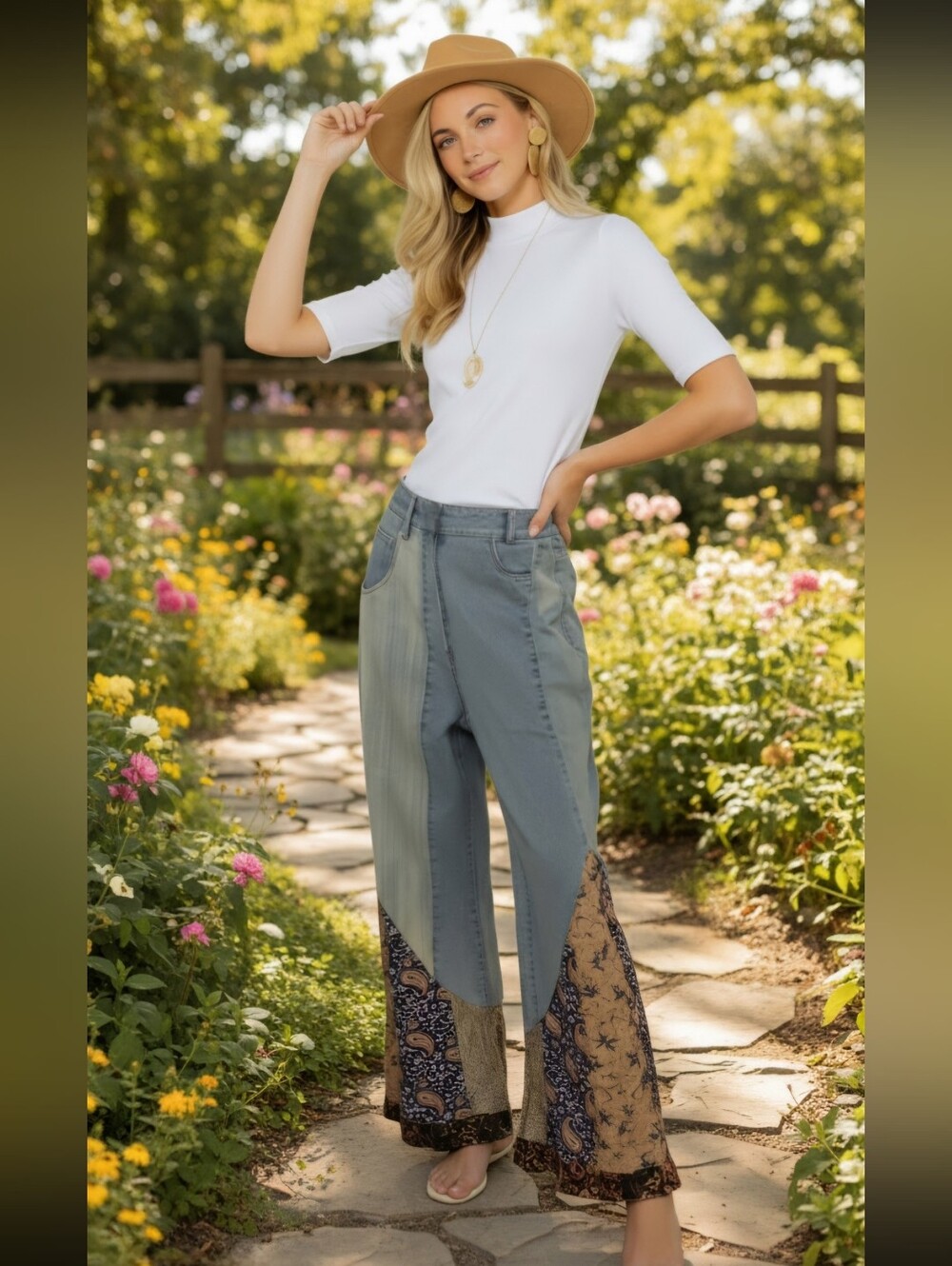Young Threads Boho Flare  Patchwork Wide-Leg Pants Denim with Floral Panels Sz S